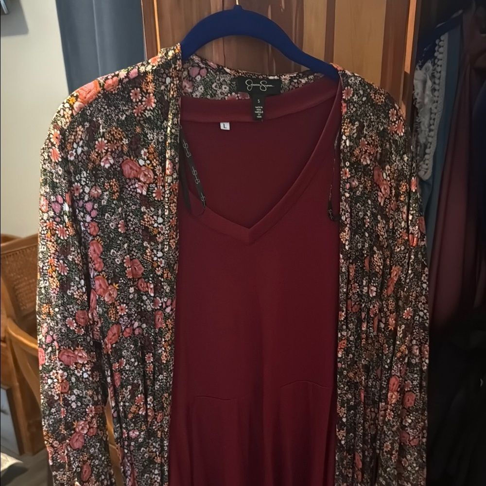 Jessica Simpson Floral Kimono and Burgundy Dress Set